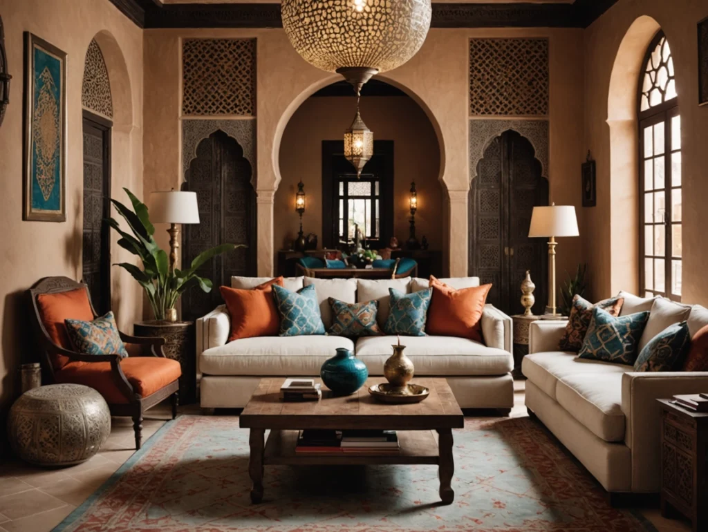 Salon marocain moderne 2026 avec design contemporain et décor artisanal marocain