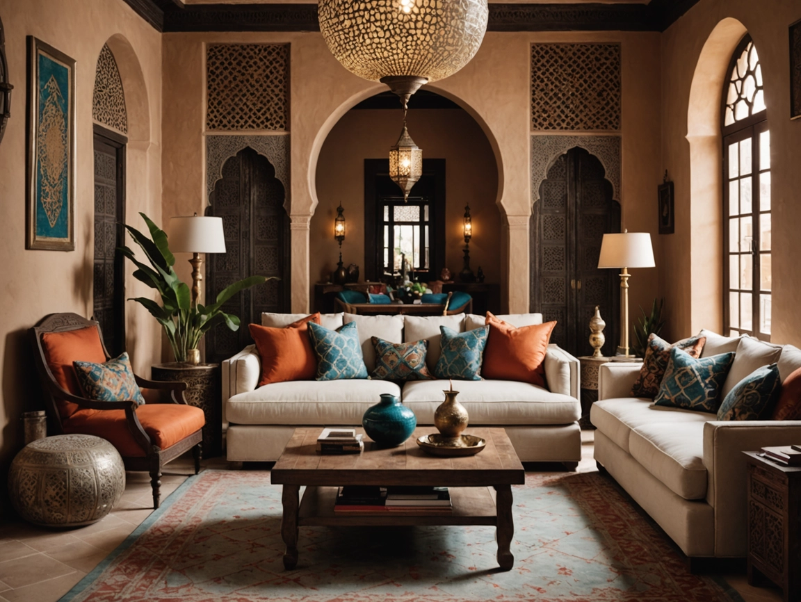 Salon marocain moderne 2026 avec design contemporain et décor artisanal marocain