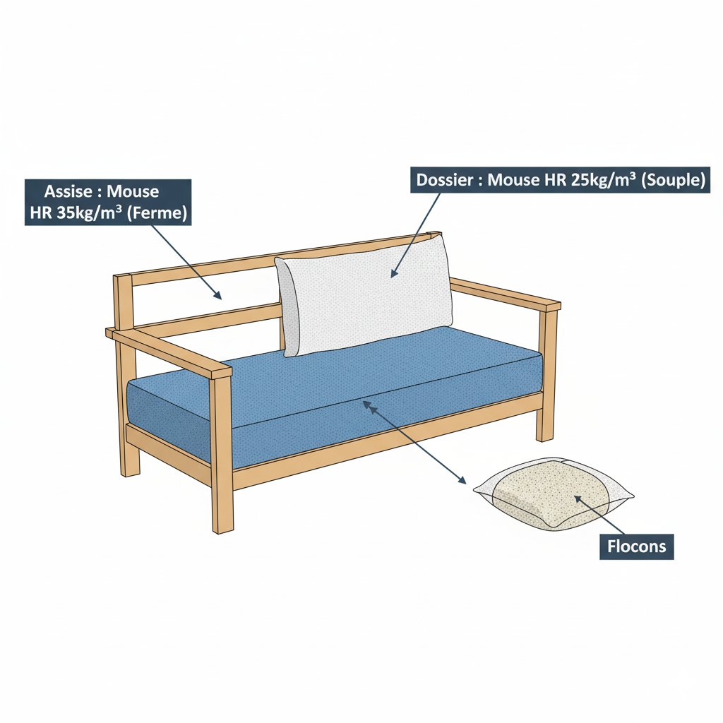 Illustration de la densité de la mousse : deux cubes de même taille mais de poids (densité) différents sur une balance.