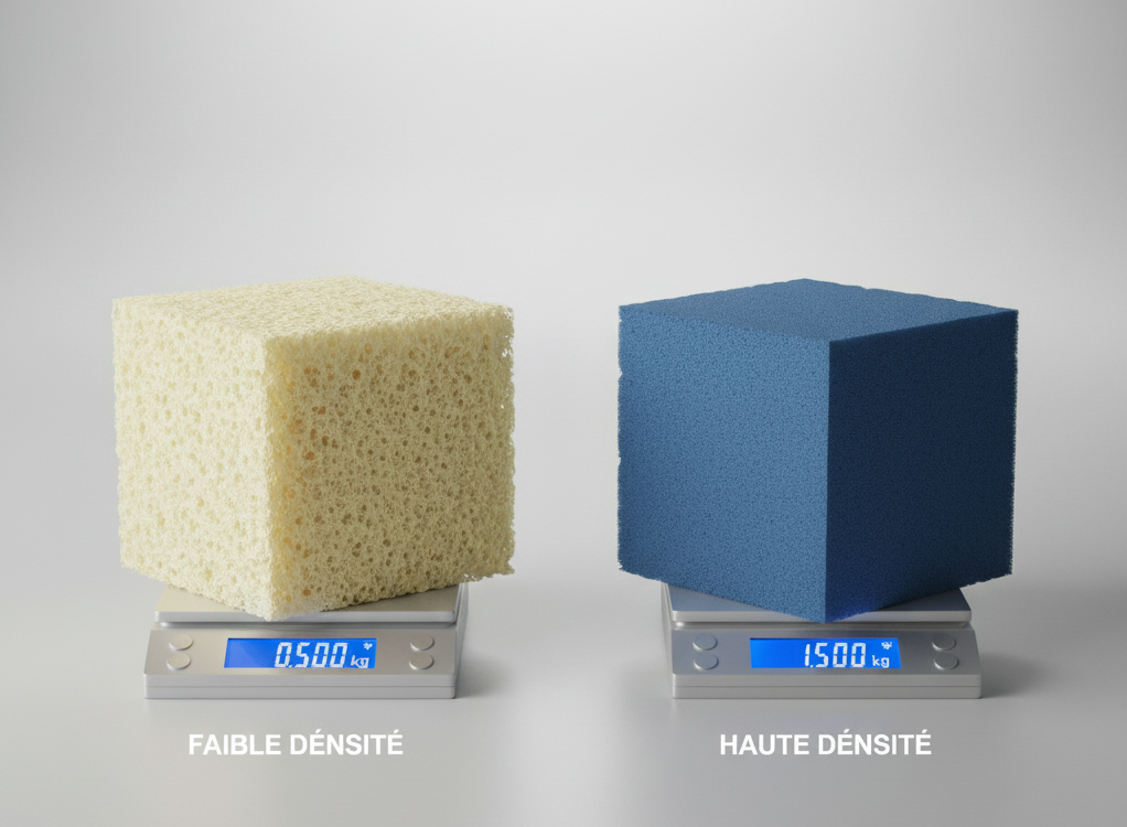 Structure cellulaire au microscope d'une mousse PE (Polyéther) comparée à une mousse HR (Haute Résilience).