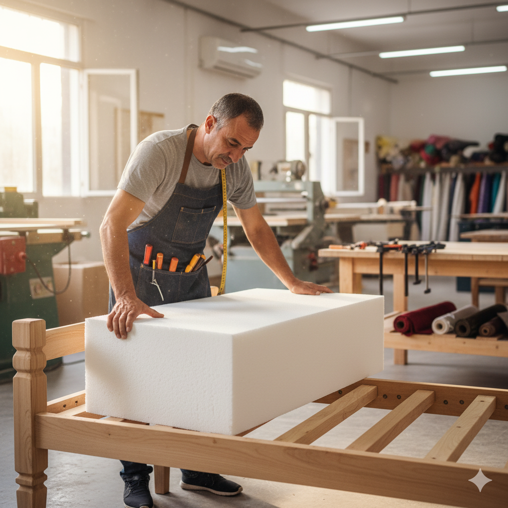 Artisan de Lamope installant une mousse HR de haute qualité sur une banquette de salon marocain sur mesure.