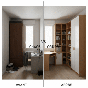 Comparaison avant/après de l'aménagement d'un petit appartement au Maroc, montrant le chaos des meubles standards vs l'ordre du sur-mesure.
