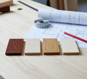 Échantillons de différentes essences de bois (MDF, hêtre, chêne) sur un établi de menuisier pour fabrication de meubles au Maroc.