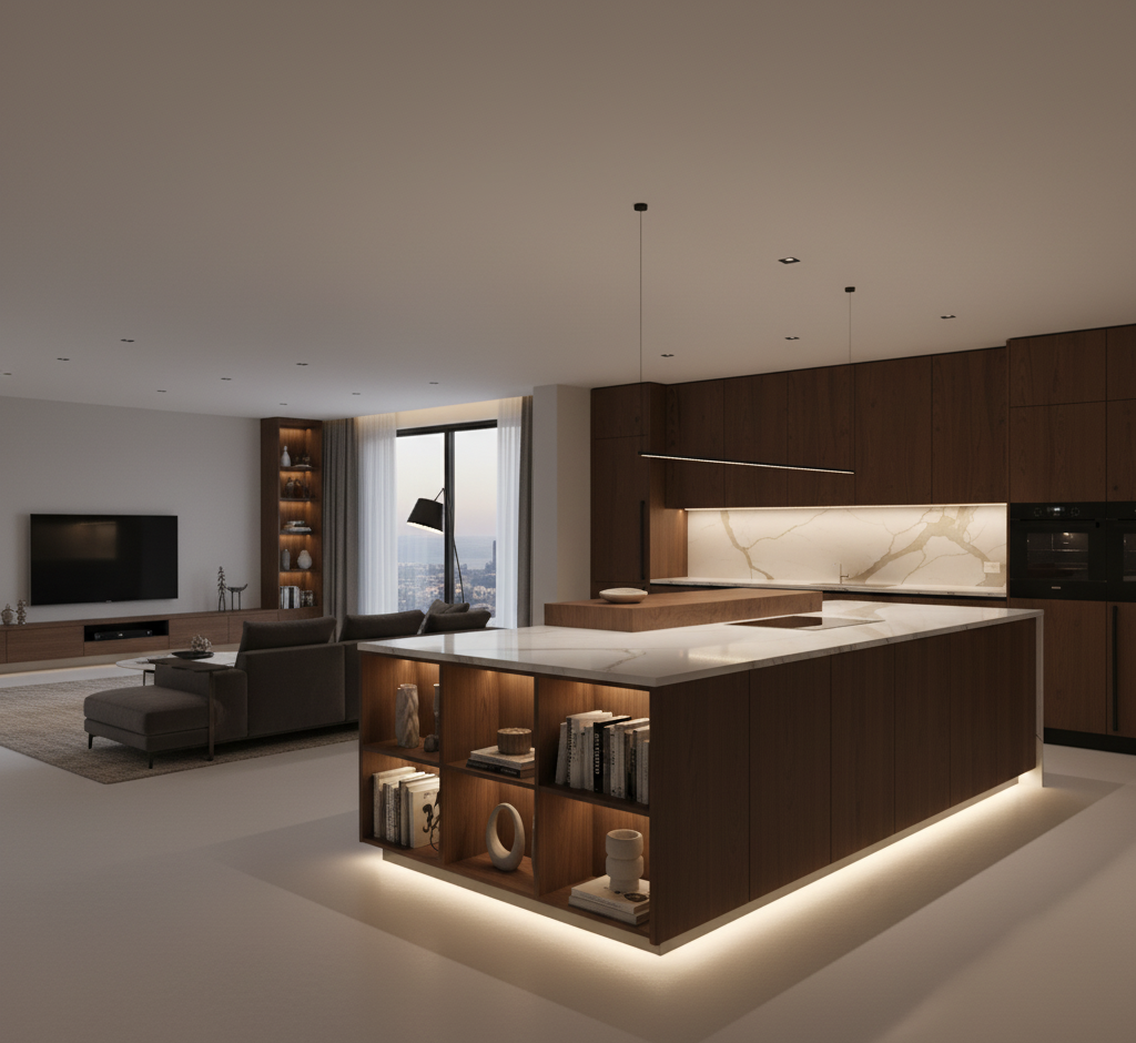 Cuisine "caméléon" ouverte sur le salon, avec des meubles assortis (bibliothèque et meuble TV).