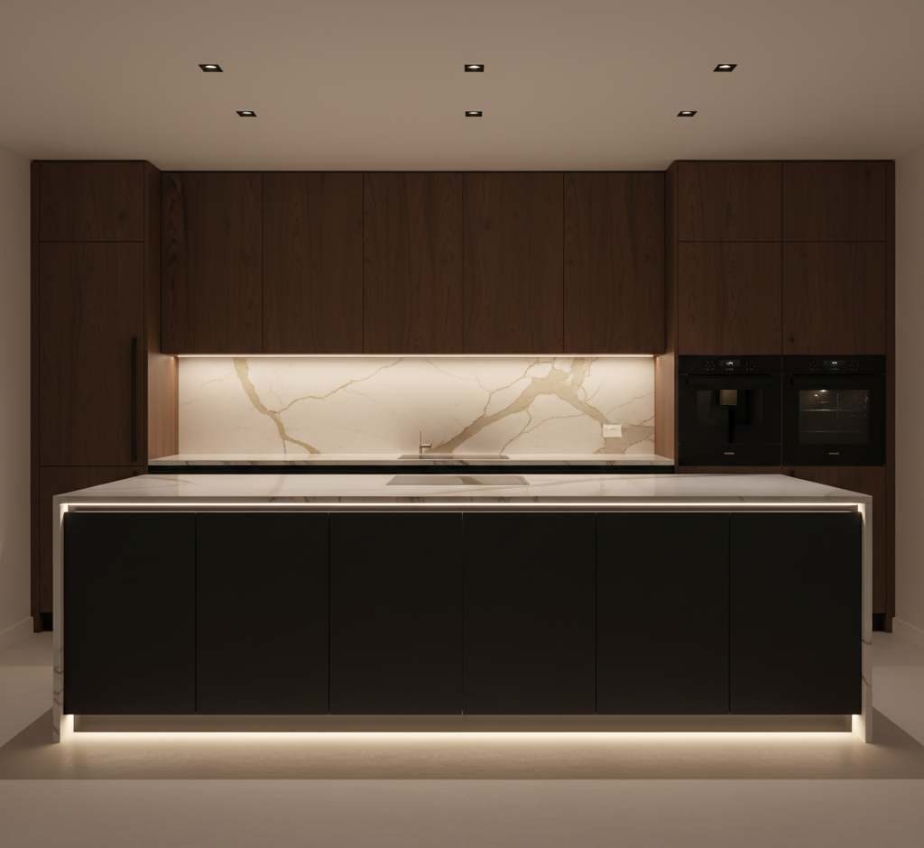 Éclairage LED intégré sous les meubles hauts et l'îlot d'une cuisine moderne.