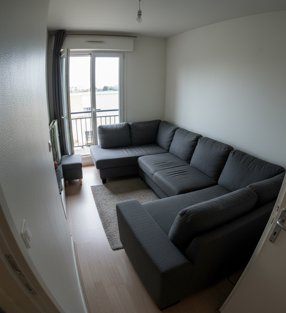 Erreur d'aménagement : un canapé d'angle trop grand et disproportionné pour un petit salon.