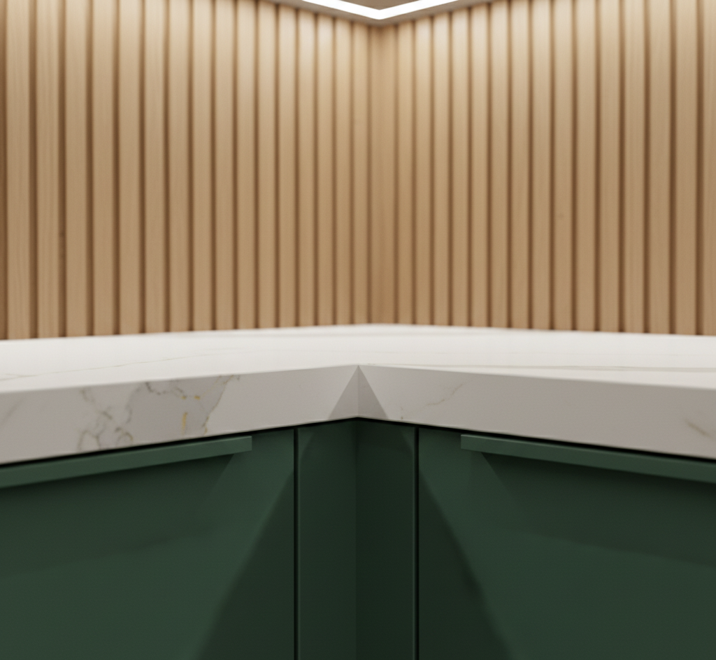 Détail du mélange de matériaux tendance : bois (chêne), laqué mat et marbre.