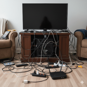 Désordre de câbles TV visibles dans un salon avant l'installation d'un meuble sur mesure.